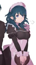 Rule 34 | 1girl, absurdres, blue eyes, blue hair, byleth (female) (fire emblem), byleth (fire emblem), fire emblem, fire emblem: three houses, highres, holding, long sleeves, maid, maid headdress, nintendo, open mouth, ryein, simple background, solo, upper body, white background