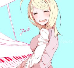 Rule 34 | 1girl, :d, ahoge, akamatsu kaede, beamed eighth notes, blonde hair, closed eyes, commentary request, danganronpa (series), danganronpa v3: killing harmony, eighth note, facing viewer, fortissimo, from side, hair ornament, instrument, jian jing, long hair, music, musical note, musical note hair ornament, open mouth, piano, playing instrument, playing piano, quarter note, shirt, simple background, smile, solo, sweater vest, upper body
