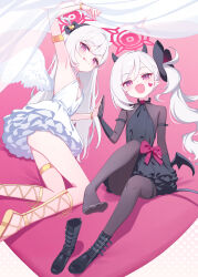 Rule 34 | 2girls, alternate costume, angel wings, armpits, black dress, black footwear, black tail, black wings, blue archive, blush, boots, breasts, closed mouth, deadnooodles, demon tail, demon wings, dress, dual persona, feathered wings, halo, highres, long hair, multiple girls, mutsuki (blue archive), open mouth, pink eyes, pink halo, small breasts, smile, tail, tongue, tongue out, white dress, white hair, white wings, wings