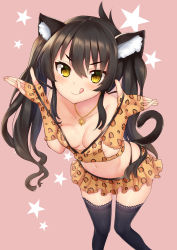 Rule 34 | 1girl, :q, animal ears, animal print, bare shoulders, black hair, black panties, black thighhighs, blouse, blush, breasts, cat ears, cat girl, cat tail, cleavage, closed mouth, collarbone, commentary request, crop top, elbow gloves, fingerless gloves, foreshortening, from above, gloves, hair between eyes, heart, heart necklace, idolmaster, idolmaster cinderella girls, jewelry, kazuchi, kemonomimi mode, knees together feet apart, lace, lace-trimmed legwear, lace trim, leaning forward, legs apart, leopard print, long hair, looking at viewer, looking up, matoba risa, medium breasts, microskirt, midriff, navel, necklace, panties, pendant, pink background, pleated skirt, print gloves, print shirt, print skirt, pulling own clothes, shirt, simple background, skirt, sleeveless, sleeveless shirt, smile, solo, spaghetti strap, standing, star (symbol), starry background, strap pull, tail, thighhighs, tongue, tongue out, tsurime, twintails, underwear, v-shaped eyebrows, very long hair, yellow eyes