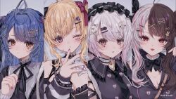 Rule 34 | 4girls, ahoge, alternate costume, amamiya kokoro, black hair, black headwear, black ribbon, blonde hair, blue hair, blush, bow, bowtie, breasts, cleavage, closed mouth, cross tattoo, finger to mouth, frown, hair between eyes, hair ornament, hairband, hairclip, heart, heart tattoo, highres, large breasts, lolita hairband, long hair, looking at viewer, low ponytail, medium breasts, multicolored hair, multiple girls, nail polish, neko tengoku, nijisanji, one eye closed, open mouth, parted bangs, pink eyes, pink hair, purple eyes, purple ribbon, red eyes, ribbon, shiina yuika, simple background, small breasts, smile, split-color hair, streaked hair, takamiya rion, tattoo, tongue, tongue out, twintails, twitter username, two-tone hair, virtual youtuber, white bow, white bowtie, white hair, x hair ornament, yellow eyes, yorumi rena
