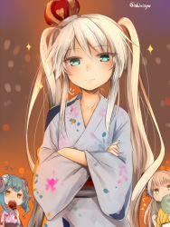 Rule 34 | 3girls, akino shuu, blonde hair, blue eyes, blue hair, blush, candy apple, character request, closed mouth, commentary request, crossed arms, crown, curled horns, earrings, food, grey kimono, gununu (meme), hair between eyes, holding, holding food, horns, japanese clothes, jewelry, kimono, lapis (sennen sensou aigis), light brown hair, long hair, long sleeves, looking at viewer, meme, mini crown, multiple girls, obi, print kimono, sash, sennen sensou aigis, sharp teeth, sparkle, sybilla, teeth, tilted headwear, translation request, twintails, twitter username, very long hair, wide sleeves, yellow kimono