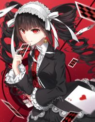Rule 34 | 1girl, black hair, blouse, bonnet, card, celestia ludenberg, center frills, claw ring, collared shirt, commentary request, danganronpa: trigger happy havoc, danganronpa (series), drill hair, earrings, frills, gothic lolita, gradient background, highres, holding, holding card, jewelry, lolita fashion, long hair, looking at viewer, nail polish, nanace 0, necktie, playing card, print necktie, red background, red eyes, shirt, smile, solo, twin drills, twintails, white shirt