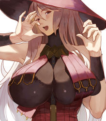 Rule 34 | 1girl, armband, bare shoulders, black eyes, breasts, cleavage, detached sleeves, fellatio gesture, granblue fantasy, hair between eyes, half-closed eyes, hat, highres, huge breasts, long hair, looking at viewer, magisa (granblue fantasy), open mouth, see-through, see-through cleavage, silver hair, simple background, smile, solo, turning head, upper body, vic (vedream), white background, witch, witch hat, wristband