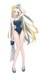 Rule 34 | 1girl, absurdres, barefoot sandals (jewelry), blonde hair, blue one-piece swimsuit, bottle, breasts, covered navel, forehead, full body, gluteal fold, highres, holding, holding bottle, kofune ushio, long hair, looking at viewer, medium breasts, one-piece swimsuit, open mouth, piyo (pixiv 2308057), sandals, simple background, smile, solo, standing, summertime render, swimsuit, toes, water bottle, white background