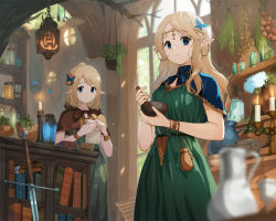 Rule 34 | 2girls, bad id, bad pixiv id, blonde hair, blurry, blurry background, blurry foreground, braid, butterfly hair ornament, candle, capelet, commentary, day, depth of field, dress, elf, english commentary, fantasy, french braid, hair ornament, hanging plant, holding, indoors, long dress, long hair, looking at viewer, mortar (bowl), multiple girls, original, pitcher (container), plant, pointy ears, potted plant, smile, sword, weapon, yoshitake