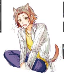 Rule 34 | 1boy, animal ears, art program in frame, blue pants, commentary, dog boy, dog ears, dog tail, fang, jacket, light brown hair, long sleeves, male focus, open clothes, open jacket, open mouth, pants, parted bangs, procreate (medium), procreate (software), saibou shinkyoku, shinano eiji, shirt, short hair, sitting, sketch, smile, solo, striped clothes, striped jacket, symbol-only commentary, tail, vertical-striped clothes, vertical-striped jacket, white jacket, yellow eyes, yellow shirt, yingjie fenshi