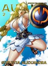 Rule 34 | 1girl, aqua eyes, blonde hair, braid, breasts, center opening, character name, cleavage, cloud, dress, earrings, feather hair ornament, feathers, feet, hair ornament, jadenkaiba, jewelry, large breasts, leg up, legs, long hair, mature female, namco, open mouth, sandals, shield, sideboob, sky, solo, sophitia alexandra, soul calibur, soulcalibur, soulcalibur iv, sword, thighs, tongue, weapon