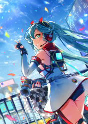 Rule 34 | 1girl, aqua eyes, aqua hair, bare shoulders, black gloves, blurry, blurry background, building, cable, checkered flag, commentary, confetti, cowboy shot, day, detached sleeves, dress, fingerless gloves, flag, from behind, gloves, goodsmile racing, grin, hand up, hatsune miku, headphones, headset, holding, holding wrench, impact wrench, kyashii (a3yu9mi), logo, long hair, looking at viewer, looking back, one eye closed, outdoors, racing miku, racing miku (2020), sleeveless, sleeveless dress, smile, smiley face, solo, strapless, strapless dress, twintails, v, very long hair, vocaloid, white dress, white sleeves, wrench