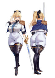 Rule 34 | 1girl, absurdres, ass, blonde hair, cameltoe, cleft of venus, covered navel, genshin impact, highres, huge ass, jean (genshin impact), maskwolf, multiple views, skin tight, smile, solo, sword, thick thighs, thighs, weapon, wide hips