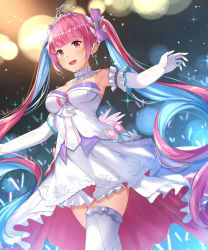 Rule 34 | 1girl, :d, ahoge, blue hair, bow, breasts, chahei, colored inner hair, commentary request, dress, earrings, elbow gloves, frilled thighhighs, frills, gloves, glowstick, hair bow, highres, hololive, jewelry, long hair, medium breasts, minato aqua, minato aqua (aqua iro super dream), multicolored hair, open mouth, pink hair, pleated dress, purple bow, red eyes, sidelocks, smile, solo, standing, strapless, strapless dress, thighhighs, tiara, twintails, two-tone hair, very long hair, virtual youtuber, white dress, white gloves, white thighhighs
