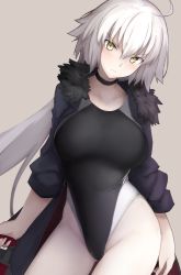 Rule 34 | 1girl, ahoge, bad id, bad twitter id, black choker, black jacket, black one-piece swimsuit, blush, breasts, choker, competition swimsuit, cowboy shot, fate/grand order, fate (series), fur-trimmed jacket, fur trim, grey background, jacket, jeanne d&#039;arc (fate), jeanne d&#039;arc (swimsuit archer) (fate), jeanne d&#039;arc (swimsuit archer) (second ascension) (fate), jeanne d&#039;arc alter (avenger) (fate), jeanne d&#039;arc alter (fate), large breasts, long hair, looking at viewer, mobu, one-piece swimsuit, pale skin, silver hair, simple background, solo, standing, swimsuit, yellow eyes