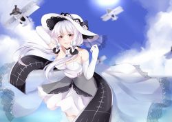 Rule 34 | 1girl, aircraft, airplane, anchor symbol, armlet, azur lane, bare shoulders, blue eyes, blue gemstone, blue sky, blurry, blurry background, blush, breasts, choker, cleavage, cloud, day, dress, elbow gloves, flight deck, floating hair, gem, gloves, hair ornament, hair ribbon, hand on headwear, hand up, hat, highres, illustrious (azur lane), jewelry, lace-trimmed hat, lace trim, large breasts, leaning forward, long hair, looking at viewer, low twintails, mole, mole under eye, ocean, parted lips, pendant, ribbon, sayumari, sky, smile, solo, strapless, strapless dress, sun, sun hat, thighs, tress ribbon, twintails, water, white dress, white gloves, white hair, white hat, wind, wind lift
