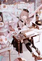 Rule 34 | 1girl, angel wings, animal, artist name, bandaged leg, bandages, black hat, black legwear, black shirt, blue eyes, blue flower, boots, bottle, brown footwear, brown hair, cake, candlestand, chair, chestnut, closed mouth, commentary, crescent moon, desk, earrings, english commentary, english text, flower, food, full body, hands on own chin, hat, heart, hoop earrings, horns, indoors, jewelry, long hair, long sleeves, looking at viewer, moon, no pupils, on chair, original, paper, phonograph, plate, qtonagi, quill, sheep, shirt, sitting, solo, sparkle, squirrel, unicorn, white shirt, wings