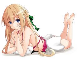 Rule 34 | 1girl, bare shoulders, barefoot, bikini, blonde hair, blue eyes, breasts, elbow, feet, hair ornament, heel, iwashi dorobou -r-, large breasts, long hair, looking at viewer, lying, neptune (series), on stomach, ribbon, simple background, skirt, smile, soles, solo, swimsuit, the pose, thighhighs, thighs, toes, vert (neptunia), very long hair, white background, wrist