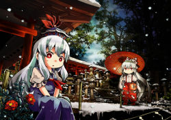 Rule 34 | 2girls, :o, architecture, blue dress, blue headwear, blunt bangs, bow, bright pupils, commentary request, dress, east asian architecture, feet out of frame, flower, from below, fujiwara no mokou, full body, hair between eyes, hair bow, hands on lap, hat, holding, holding lantern, holding umbrella, jiageya (atojian keikaku), jitome, juliet sleeves, kamishirasawa keine, lantern, long hair, long sleeves, looking at viewer, multicolored hair, multiple girls, neckerchief, ofuda, oil-paper umbrella, overcast, pants, paper lantern, parted lips, poppy (flower), puffy short sleeves, puffy sleeves, red eyes, red flower, red neckerchief, red pants, shirt, short sleeves, sidelocks, silver hair, sky, snowing, standing, streaked hair, suspenders, touhou, tree, twilight, umbrella, v arms, very long hair, white bow, white pupils, white shirt