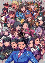 Rule 34 | 6+boys, 6+girls, ^ ^, ace attorney, animal, animal on shoulder, anniversary, apollo justice, apollo justice: ace attorney, aqua-tinted eyewewar, aqua necktie, armband, ascot, athena cykes, badge, bags under eyes, bandana, barok van zieks, bead necklace, beads, beard, bindi, bird, black coat, black eyes, black gloves, black hair, black neckwear, blonde hair, blue badger, blue eyes, blue flower, blue headwear, blue jacket, blue ribbon, blush, bracelet, braid, breast pocket, bright pupils, brooch, brown eyes, brown hair, cabbie hat, capcom, cat, child, clenched hand, closed eyes, closed mouth, clothed animal, coat, collarbone, collared shirt, confetti, cross scar, crossed arms, cup, drill hair, drinking glass, eagle, earrings, english text, everyone, eye contact, eyewear on head, facial hair, feathers, finger on trigger, fingerless gloves, flower, forehead, formal, fox shadow puppet, franziska von karma, from side, gloves, godot (ace attorney), goggles, green eyes, green shirt, grey background, grey hair, grin, gun, hair intakes, hair ribbon, hair rings, hair tie, half-closed eye, half-closed eyes, hand fan, hand to own mouth, hand up, handgun, hands up, happy, hat, unworn hat, headband, unworn headwear, herlock sholmes, high collar, highres, holding, holding clothes, holding drinking glass, holding gun, holding hat, holding microphone, holding sign, holding weapon, holding whip, hoop earrings, index finger raised, interlocked fingers, iris wilson, jacket, japanese clothes, japanese text, jewelry, jpeg artifacts, kazuma asogi, kimono, klavier gavin, light blush, long hair, long sleeves, looking at another, looking at viewer, looking to the side, magatama, magatama necklace, matching hair/eyes, maya fey, mia fey, microphone, miles edgeworth, mole, mole under eye, mouth hold, multicolored hair, multiple boys, multiple girls, music, nahyuta sahdmadhi, neck ribbon, necklace, necktie, one eye closed, open mouth, orange coat, orange hair, orange headwear, own hands together, paper, paper fan, pearl fey, phoenix wright, phoenix wright: ace attorney, phoenix wright: ace attorney - dual destinies, phoenix wright: ace attorney - justice for all, phoenix wright: ace attorney - spirit of justice, phoenix wright: ace attorney - trials and tribulations, pink hair, pink kimono, pinky out, pocket, profile, puffy sleeves, purple eyes, purple flower, purple hair, purple ribbon, red flower, red headband, red jacket, red ribbon, red vest, revolver, ribbon, ryunosuke naruhodo, scar, scar on face, school uniform, shino (shino dgs), shirt, short hair, side ponytail, sideburns, sidelocks, sign, simon blackquill, simple background, singing, single earring, single glove, smile, spiked hair, star (symbol), suit, susato mikotoba, swept bangs, taka (ace attorney), teeth, the great ace attorney, the great ace attorney: adventures, toasting (gesture), top hat, topknot, translation request, trucy wright, twin drills, twintails, two-tone hair, upper body, v-shaped eyebrows, vest, visor, wagahai (ace attorney), wavy hair, weapon, white gloves, white hair, white neckwear, white pupils, white shirt, wide-eyed, wink, yellow-framed eyewear, yellow flower, yellow jacket, yellow ribbon, yellow vest