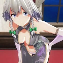 Rule 34 | 1girl, 3d, animated, ass, blue eyes, breasts, china dress, chinese clothes, cleavage, dress, grey hair, hand on own hip, hand on own leg, hand on own thigh, hands on own hips, indoors, interior, izayoi sakuya, large breasts, leaning forward, legs, lowres, modeling, mofumoko5, navel, no bra, smile, solo, surprised, tagme, thighs, touhou, video