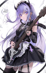 Rule 34 | 1girl, apron, bass guitar, black dress, black nails, black thighhighs, broken glass, cross, dress, ear piercing, electric guitar, expressionless, glass, gothic lolita, guitar, highres, instrument, inverted cross, lolita fashion, looking at viewer, maid, ompf, original, pentagram, piercing, purple eyes, purple hair, solo, thighhighs, thighs, torn clothes, torn thighhighs, unconventional maid, white apron, white background