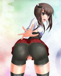 Rule 34 | 10s, 1girl, ass, bike shorts, blush, bodypaint, breasts, brown eyes, brown hair, covering privates, covering crotch, from behind, headband, headgear, highres, kantai collection, looking at viewer, looking back, open mouth, personification, short hair, skirt, taihou (kancolle), thighhighs, upskirt, wiz (shadow)