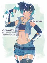 Rule 34 | 1girl, ;), arm up, bare shoulders, black gloves, black hair, black thighhighs, blue hair, blue shorts, blue vest, blush, closed mouth, commission, crop top, elbow gloves, english text, fingerless gloves, gloves, gradient hair, grey eyes, hand on own hip, highres, multicolored hair, navel, numbers (pigpenandpaper), one eye closed, open clothes, open vest, sena (xenoblade), short shorts, shorts, side ponytail, smile, solo, thighhighs, twitter username, vest, watermark, xenoblade chronicles (series), xenoblade chronicles 3