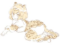 Rule 34 | 10s, 1girl, :3, animal ears, closed mouth, commentary request, elbow gloves, from side, full body, fur collar, gloves, high-waist skirt, jaguar (kemono friends), jaguar ears, jaguar print, jaguar tail, kemono friends, looking at viewer, lying, mitsumoto jouji, monochrome, on side, shirt, shoes, short hair, short sleeves, simple background, skirt, slit pupils, solo, tail, thighhighs, white background
