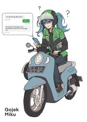 Rule 34 | 1girl, ?, akaharuu, blue eyes, blue hair, cellphone, commentary, confused, delivery, denim, english commentary, gojek, green helmet, green jacket, hatsune miku, helmet, highres, honda, honda scoopy, indonesian flag, indonesian text, jacket, jeans, license plate, long hair, motor vehicle, pants, phone, riding, riding scooter, scooter, screenshot inset, simple background, smartphone, solo, sweat, text messaging, translation request, twintails, vocaloid, white background, worldwide miku