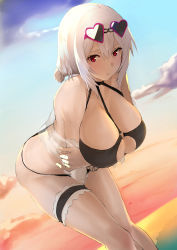 Rule 34 | 1girl, absurdres, azur lane, bent over, bikini, black bikini, blush, breasts, cleavage, cleavage cutout, clothing cutout, cloud, cloudy sky, collarbone, commentary request, dutch angle, eyewear on head, frilled garter, hair between eyes, heart, heart-shaped eyewear, highres, hotate-chan, large breasts, leaning forward, looking at viewer, o-ring, o-ring top, outdoors, parted lips, red eyes, see-through, short hair, sirius (azur lane), sirius (scorching-hot seirios) (azur lane), sky, solo, standing, sunglasses, sunset, swimsuit, white hair