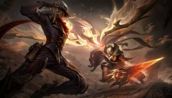 Rule 34 | 2boys, absurdres, black shirt, brown gloves, cowboy hat, detached wings, eye mask, gloves, glowing, glowing eyes, grey hair, hat, high noon talon, high noon varus, highres, holding, holding weapon, jumping, league of legends, long hair, male focus, multiple boys, official alternate costume, official art, outdoors, pants, red hair, shirt, smile, talon (league of legends), varus, weapon, wings