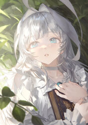 Rule 34 | 1girl, absurdres, ahoge, blue eyes, blunt bangs, blurry, blurry foreground, book, commentary request, facing viewer, frills, grey choker, grey hair, hair intakes, highres, holding, holding book, huge ahoge, hugging book, hugging object, leaf, long hair, looking up, mole, mole under eye, original, parted lips, solo, twitter username, upper body, yunikon