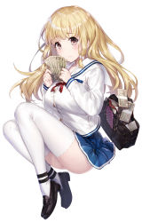 Rule 34 | 1girl, bag, black footwear, blonde hair, blue skirt, blush, bow, breasts, brown eyes, commentary request, copyright request, hair bow, highres, holding, holding money, katoroku, large breasts, long hair, long sleeves, looking at viewer, miniskirt, money, original, school uniform, serafuku, shirt, shoes, simple background, skirt, solo, thighhighs, white background, white bow, white shirt, white thighhighs