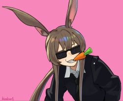Rule 34 | 1girl, alternate costume, amiya (arknights), animal ears, arknights, black-framed eyewear, black necktie, black sweater, blue eyes, brown hair, carrot, collared shirt, commentary, cursor, donkey ears, english commentary, food in mouth, glasses, grin, hunched over, kion-kun, long hair, looking to the side, necktie, parody, pink background, ponytail, rabbit girl, raised eyebrow, shirt, simple background, smile, solo, sunglasses, sweater, twitter username, upper body, videogamedunkey, white shirt, wing collar
