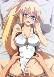 Rule 34 | 1boy, 1girl, bare shoulders, blonde hair, blue eyes, blush, breasts, censored, clothed sex, clothing aside, collarbone, competition swimsuit, covered navel, cum, cum in pussy, fate/grand order, fate (series), glasses, hair between eyes, hara (harayutaka), hetero, high ponytail, highleg, highleg swimsuit, highres, jeanne d&#039;arc (fate), jeanne d&#039;arc (ruler) (fate), jeanne d&#039;arc (swimsuit archer) (fate), jeanne d&#039;arc (swimsuit archer) (second ascension) (fate), large breasts, long hair, lying, missionary, mosaic censoring, on back, one-piece swimsuit, open mouth, penis, pillow, ponytail, pussy, sex, smile, solo focus, spread legs, sweat, swimsuit, swimsuit aside, thighs, vaginal, very long hair, whistle, whistle around neck, white one-piece swimsuit