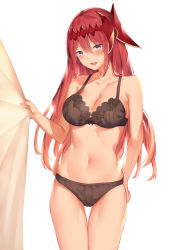 Rule 34 | 1girl, bare shoulders, black bra, black panties, blue eyes, blush, bra, breasts, cleavage, collarbone, commentary request, godsworn alexiel, granblue fantasy, hair between eyes, hair ornament, large breasts, long hair, looking at viewer, navel, open mouth, panties, red hair, revision, simple background, smile, solo, standing, suzuame yatsumi, thighs, underwear, underwear only, very long hair, white background