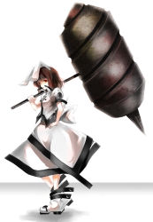 Rule 34 | 1girl, :p, alternate color, alternate costume, animal ears, boots, brown hair, dress, female focus, hammer, hand on own hip, hip focus, huge weapon, inaba tewi, rabbit ears, red eyes, solo, tomasu, tongue, tongue out, touhou, tsurukame, weapon, white dress