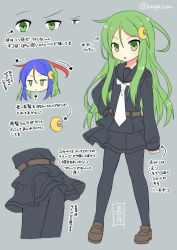 Rule 34 | 10s, 1girl, :&lt;, crescent, crescent hair ornament, green eyes, green hair, hair ornament, how to, kantai collection, long hair, looking at viewer, matching hair/eyes, nagasioo, nagatsuki (kancolle), necktie, open mouth, pantyhose, solo, text focus, translation request