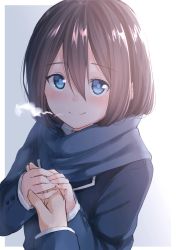 Rule 34 | 1girl, alternate hairstyle, black hair, blue eyes, blue scarf, blush, breath, closed mouth, collared shirt, commentary request, enpera, eyebrows, gradient background, hair between eyes, highres, holding hands, kyoo-kyon (kyo-kyon), looking at viewer, original, out of frame, scarf, school uniform, shirt, smile, solo focus, suzunari shizuku, upper body, white shirt, yuki arare