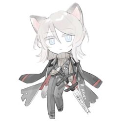 Rule 34 | 1girl, animal ears, black coat, black footwear, black pants, black vest, blue eyes, brown sweater, cat ears, cat tail, chibi, closed mouth, coat, coat on shoulders, faust (project moon), highres, holding, holding sword, holding weapon, ivy (675671), limbus company, pants, project moon, ribbed sweater, shirt, shoes, short hair, simple background, solo, sweater, sword, tail, vest, weapon, white hair, white shirt, zweihander