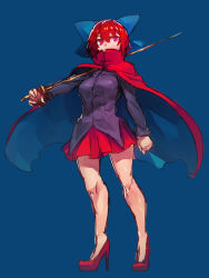 Rule 34 | 1girl, blouse, blue background, bow, cape, covered mouth, full body, hair bow, high collar, high heels, highres, holding, holding sword, holding weapon, impaled, long sleeves, melon22, no pupils, rapier, red eyes, red footwear, red hair, red skirt, sekibanki, shirt, shoes, short hair, skirt, solo, standing, sword, touhou, weapon