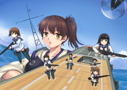 Rule 34 | 10s, 6+girls, aircraft carrier, armor, black eyes, black hair, braid, brown eyes, brown hair, crossover, fairy (kancolle), gun, japanese clothes, kaga (kancolle), kantai collection, machinery, military, military vehicle, miyafuji yoshika, multiple girls, muneate, open mouth, panties, ship, side ponytail, strike witches, striker unit, turret, twintails, underwear, warship, watercraft, weapon, white panties, world witches series, y.ssanoha