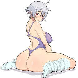 Rule 34 | 1girl, arched back, ass, bare shoulders, bikini, blush, breasts, large breasts, looking at viewer, looking back, parted lips, purple bikini, red eyes, short hair, simple background, sitting, solo, sueyuu, swimsuit, thick thighs, thighs, thong, thong bikini, wariza, white background, white hair