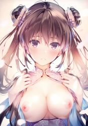 Rule 34 | 1girl, absurdres, bare shoulders, blush, breasts, brown eyes, brown hair, comic aun, double bun, hair bun, hair ornament, hand up, hands on own chest, highres, looking at viewer, medium breasts, misaki kurehito, nipples, parted lips, petals, shiny skin, simple background, sleeveless, solo, tougetsu matsuri, twintails, upper body