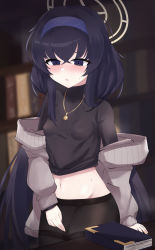 Rule 34 | absurdres, black hair, black pantyhose, black shirt, blue archive, blush, book, bookshelf, breasts, cardigan, desk, female masturbation, female pubic hair, glasses, halo, highres, jewelry, kurokimono001, long hair, low twintails, masturbation, midriff, navel, necklace, open mouth, pantyhose, partially undressed, pubic hair, purple eyes, shirt, small breasts, sweatdrop, thighband pantyhose, twintails, ui (blue archive), very long hair