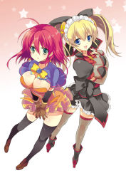 Rule 34 | 2girls, :d, alice wishheart, bad id, bad pixiv id, blonde hair, blue eyes, boots, bow, breasts, cleavage, earrings, finger to mouth, green eyes, hair bow, jewelry, looking back, magical halloween, multiple girls, open mouth, orange skirt, red hair, ribbon, ruby spencer, short hair, skirt, smile, star (symbol), star earrings, thighhighs, twintails, yellow bow, yukiwo