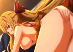 Rule 34 | 10s, 1girl, all fours, bad id, bad pixiv id, belt, blonde hair, blurry, bottomless, bow, breasts, ceiling, clothes pull, depth of field, dress pull, eyelashes, from behind, granblue fantasy, hair bow, hands on ass, large breasts, long hair, looking at viewer, no bra, out-of-frame censoring, parted lips, ponytail, re:re:re:, red bow, red eyes, shade, sidelocks, solo, very long hair, vira (granblue fantasy)