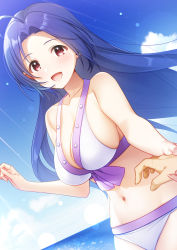 Rule 34 | 1girl, :d, absurdres, ahoge, bikini, blue hair, blue sky, breasts, cloud, day, highres, holding hands, idolmaster, idolmaster (classic), large breasts, long hair, mikapoe, miura azusa, navel, ocean, open mouth, pov, red eyes, sky, smile, swimsuit, white bikini