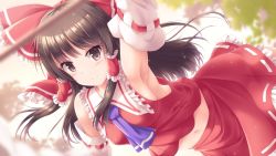 Rule 34 | 1girl, arm up, armpits, bare shoulders, blurry, blurry background, blush, bow, brown eyes, brown hair, commentary request, detached sleeves, floating hair, gohei, hair between eyes, hair bow, hair tubes, hakurei reimu, highres, long hair, looking at viewer, lzh, midriff peek, navel, neckerchief, purple neckerchief, red bow, red shirt, red skirt, shirt, sidelocks, skirt, sleeveless, sleeveless shirt, smile, solo, touhou