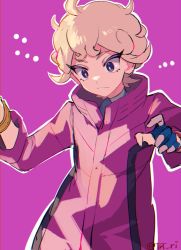 Rule 34 | 1boy, ahoge, bede (pokemon), blonde hair, blue eyes, bright pupils, closed mouth, coat, commentary, creatures (company), curly hair, eyelashes, eyeshadow, game freak, gloves, hands up, makeup, male focus, nintendo, outline, pokemon, pokemon swsh, popped collar, purple background, purple coat, purple eyeshadow, short hair, solo, symbol-only commentary, tpi ri, white pupils