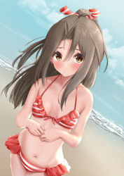 Rule 34 | 1girl, alternate costume, beach, bikini, blue sky, breasts, brown eyes, day, eriierierii7, frilled bikini, frills, front-tie bikini top, front-tie top, grey hair, hair between eyes, high ponytail, kantai collection, long hair, navel, outdoors, sky, small breasts, solo, striped bikini, striped clothes, swimsuit, zuihou (kancolle)
