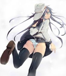 Rule 34 | 10s, 1girl, bad id, bad twitter id, black thighhighs, blue eyes, flat cap, hammer and sickle, hat, hibiki (kancolle), kantai collection, long hair, long sleeves, looking back, mafu9, panties, pantyshot, personification, sailor hat, school uniform, silver hair, skirt, solo, star (symbol), striped clothes, striped panties, thighhighs, underwear, upskirt, verniy (kancolle), very long hair, white background